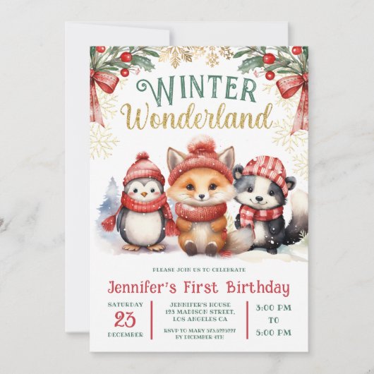 Winter Wonderland Niedliche Schneefälle 1. Geburts Einladung (Vorderseite)