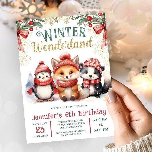 Winter Wonderland Niedliche Schneetiere 6. Geburts Einladung