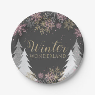 Winter Wonderland-Party-Teller mit rosa Schneefloc Pappteller