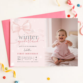 Winter Wonderland Pink Bow Photo First Birthday Einladung