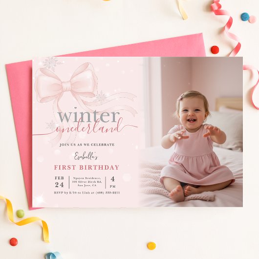 Winter Wonderland Pink Bow Photo First Birthday Einladung