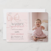 Winter Wonderland Pink Bow Photo First Birthday Einladung (Vorderseite)