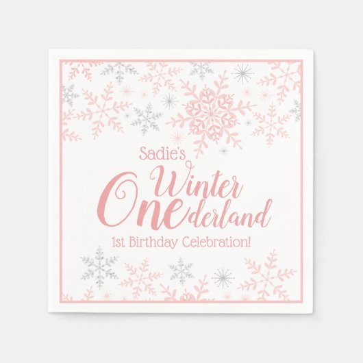 Winter Wonderland Pink Silver Glitzer 1. Geburtsta Serviette (Vorderseite)