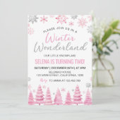 Winter Wonderland Pink Snowflake 2. Geburtstag Einladung (Stehend Vorderseite)