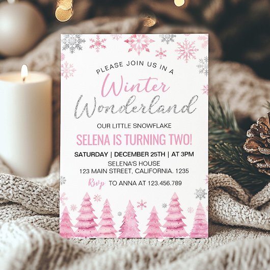 Winter Wonderland Pink Snowflake 2. Geburtstag Einladung