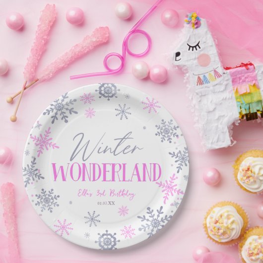 Winter Wonderland Pink Snowflake Birthday Party Pappteller (Party)