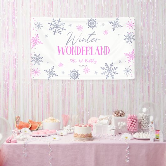 Winter Wonderland Pink Snowflake Geburtstagsparty Banner (Party)