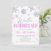 Winter Wonderland Pink Snowflake Geburtstagsparty Einladung (Stehend Vorderseite)