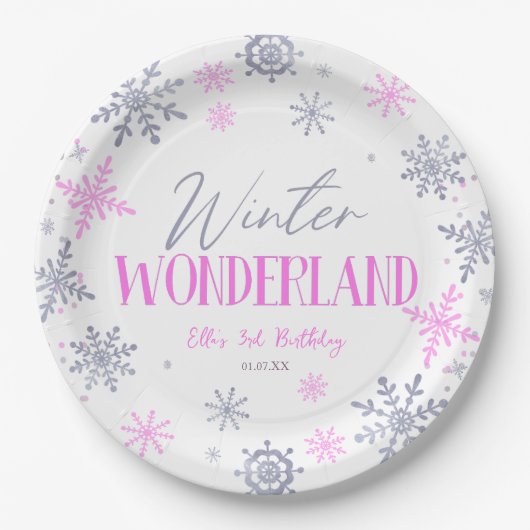 Winter Wonderland Pink Snowflake Geburtstagsparty Pappteller (Vorderseite)