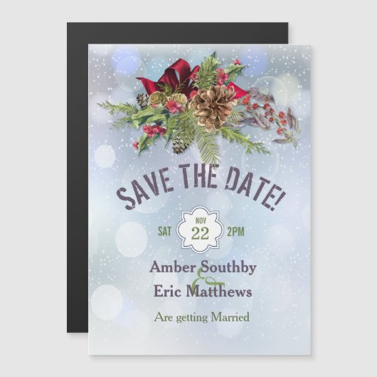 Winter Wonderland Poinsetia Magnetic Save the Date Magneteinladung (Vorne/Hinten)