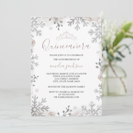 Winter Wonderland Quinceanera Blush Silver Einladung (Stehend Vorderseite)