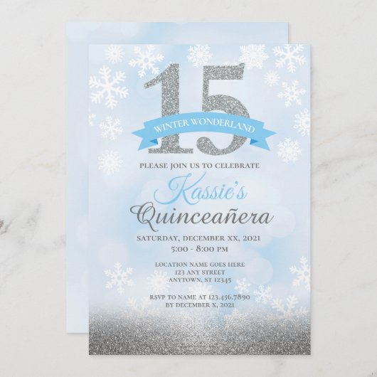 Winter Wonderland Quinceañera Silver Blue Geburtst Einladung (Vorne/Hinten)