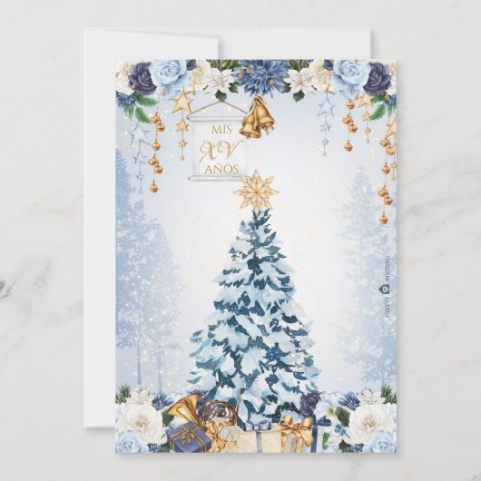 Winter Wonderland Quinceañera Snowy Blue Floral Einladung (Rückseite)