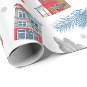 Winter Wonderland Red & Blue Hütte Geschenkpapier (Rolleneckpunkt)