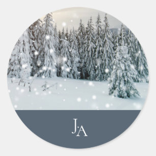 Winter Wonderland Schneelandschaft Monogramm Hochz Runder Aufkleber