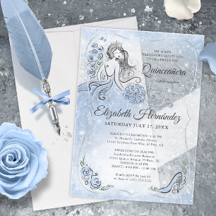 Winter Wonderland Silber Hellblau Quinceanera Acryleinladungen