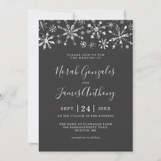 Winter Wonderland Silver Black Snowflake Wedding Einladung (Vorderseite)