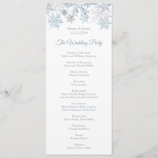 Winter Wonderland Silver Blue Snowflakes Hochzeit Programm (Vorderseite)