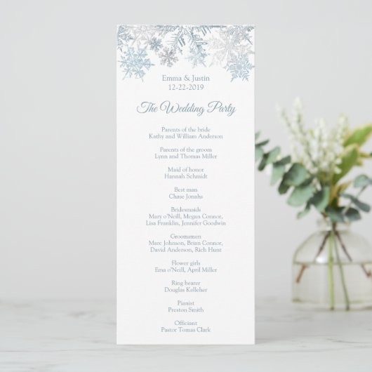 Winter Wonderland Silver Blue Snowflakes Hochzeit Programm (Stehend Vorderseite)