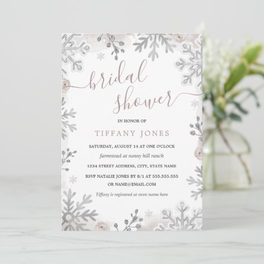 Winter Wonderland Silver Blush Brautparty Einladung (Stehend Vorderseite)