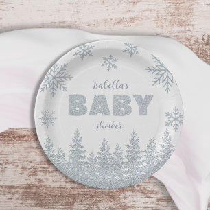 Winter Wonderland Silver Glitzer Babydusche Pappteller