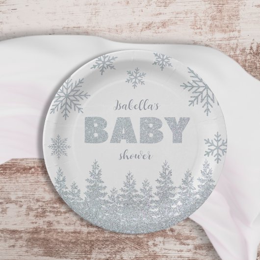 Winter Wonderland Silver Glitzer Babydusche Pappteller