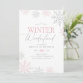 Winter Wonderland Silver Pink Glitter 1st Birthday Einladung (Stehend Vorderseite)