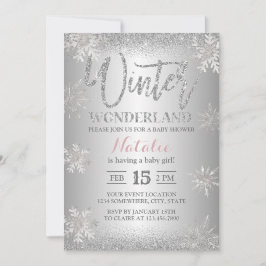 Winter Wonderland Silver Snowflakes Babydusche Einladung (Vorderseite)