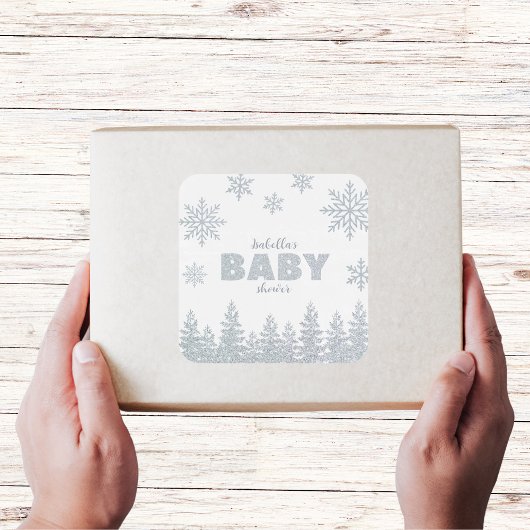 Winter Wonderland Silver Woodland Babydusche Quadratischer Aufkleber