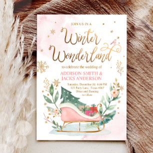 Winter Wonderland Sleigh Pink Gold Rustikale Hochz Einladung