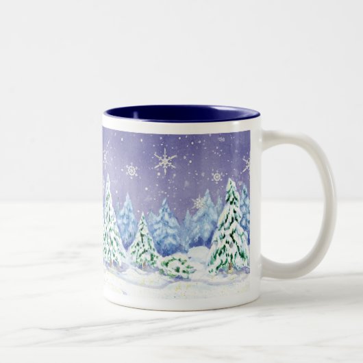 Winter Wonderland Snow Scene Pine Trees Coffee Cup Zweifarbige Tasse (Rechts)