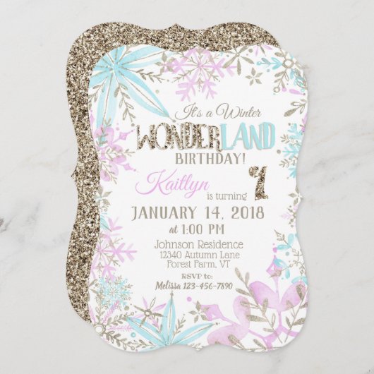 Winter Wonderland Snowflake Geburtstag Einladung (Vorne/Hinten)