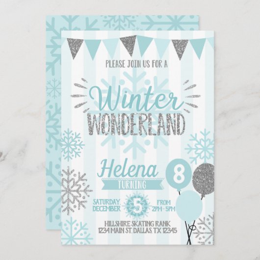 Winter Wonderland Snowflake Geburtstagseinladung Einladung (Vorne/Hinten)