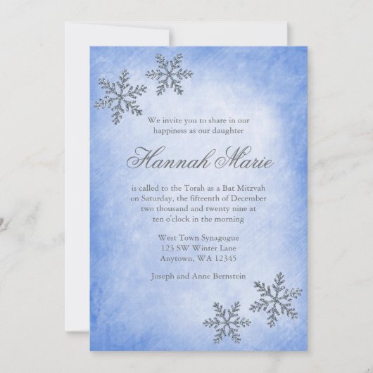 Winter Wonderland Snowflakes Blue Bat Mitzvah Einladung (Vorderseite)
