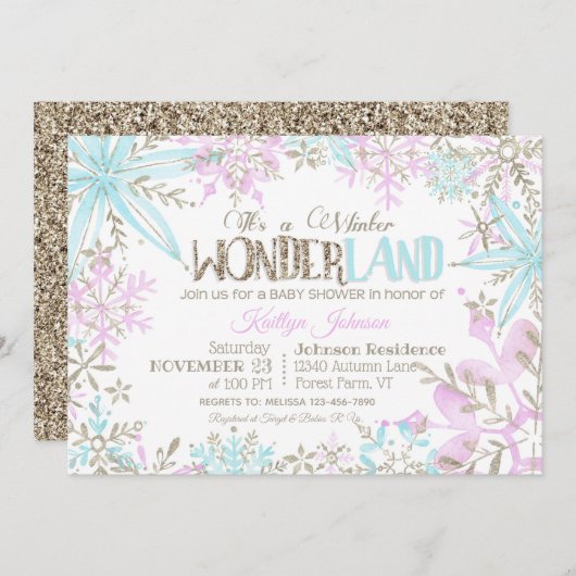 Winter Wonderland Snowflakes Sparkle Babydusche Einladung (Vorne/Hinten)