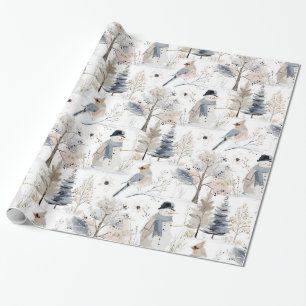 Winter Wonderland Snowman and Bird Pattern Geschenkpapier