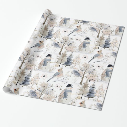 Winter Wonderland Snowman and Bird Pattern Geschenkpapier (Ungerollt)