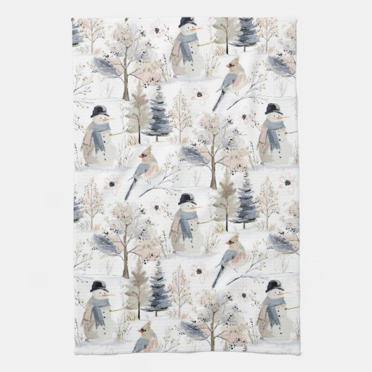 Winter Wonderland Snowman and Bird Pattern Geschirrtuch (Vertikal)