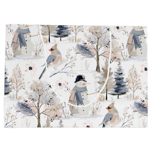 Winter Wonderland Snowman and Bird Pattern Große Geschenktüte (Rückseite)