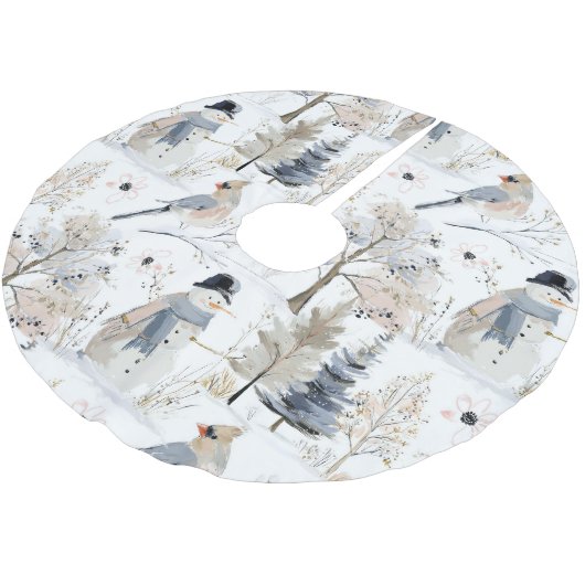 Winter Wonderland Snowman and Bird Pattern Polyester Weihnachtsbaumdecke (Schrägansicht)