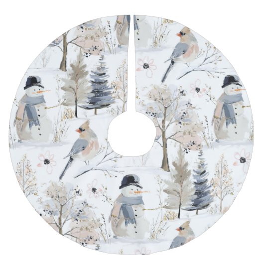 Winter Wonderland Snowman and Bird Pattern Polyester Weihnachtsbaumdecke (Vorderseite)