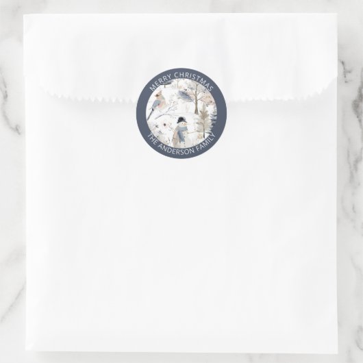 Winter Wonderland Snowman and Bird Pattern Runder Aufkleber (Tasche)