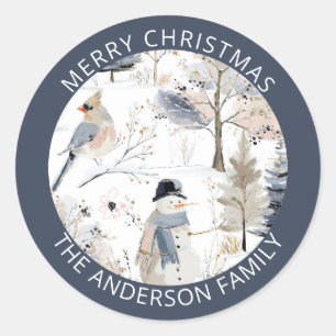 Winter Wonderland Snowman and Bird Pattern Runder Aufkleber