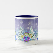 Winter Wonderland Snowman Pine Trees Kaffee Cup Zweifarbige Tasse (Mittel)