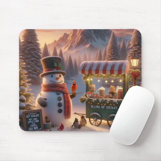 Winter Wonderland Snowman's Hot Chocolate Cart Mousepad (Mit Mouse)