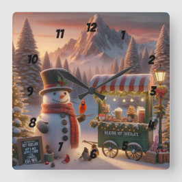 Winter Wonderland Snowman's Hot Chocolate Cart Quadratische Wanduhr