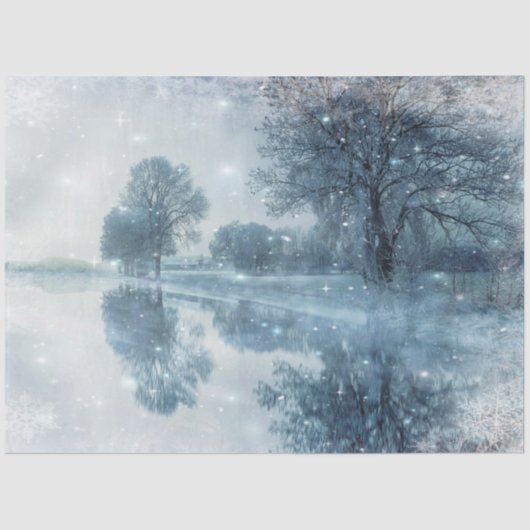 Winter Wonderland Snowy Forest and Pond Decoupage Seidenpapier (Vorderseite)