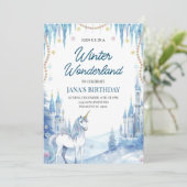 Winter Wonderland Unicorn Birthday Einladung (Stehend Vorderseite)