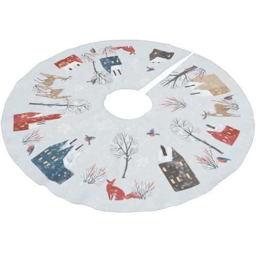 Winter Wonderland Village - Hirsche und Füchse Polyester Weihnachtsbaumdecke (Schrägansicht)