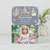 Winter Wonderland Waldtiere Foto Geburtstag Einladung (Stehend Vorderseite)